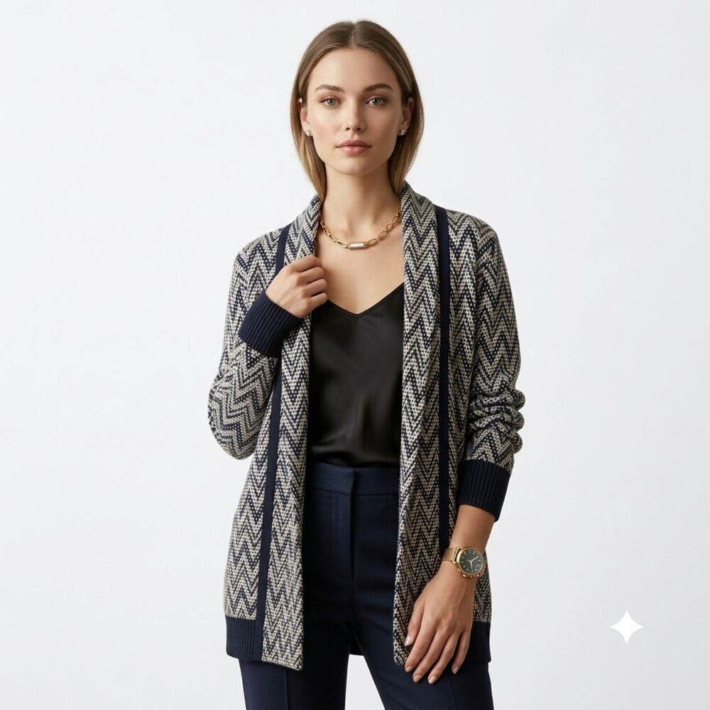 Banana Republic Italian Merino Wool Chevron Open-Front Cardigan Quiet Luxury - L